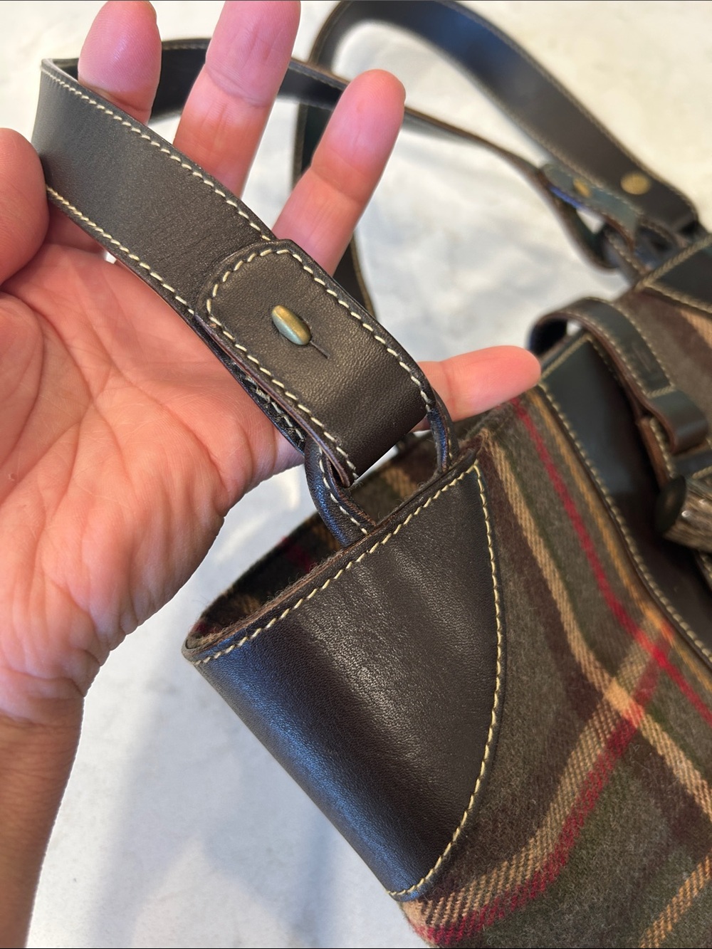 VTG Lauren Ralph Lauren Plaid Hobo Dark Brown Leather Trim Equestrian Preppy Y2K - Picture 8 of 13